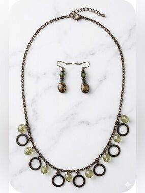Retro Boho Bronze Olive Green Beaded Statement Necklace & Drop Earrings Set